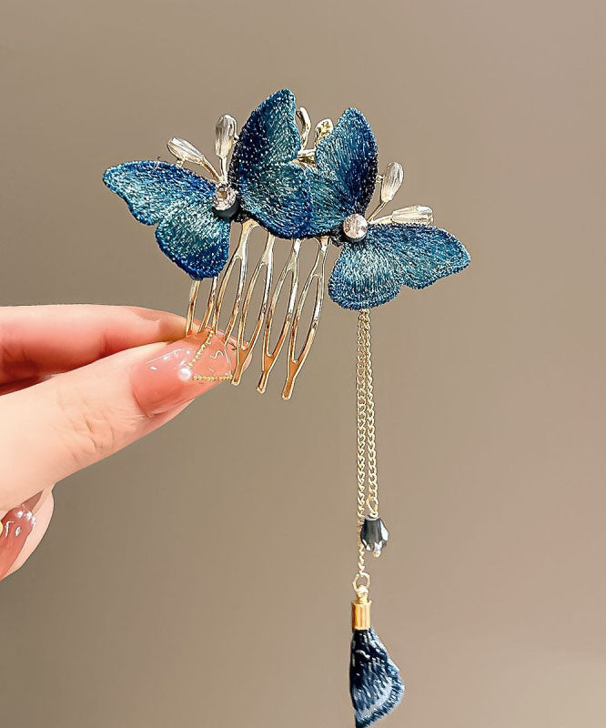 Diy Royal Blue Alloy Butterfly Zircon Tassel Hairpin