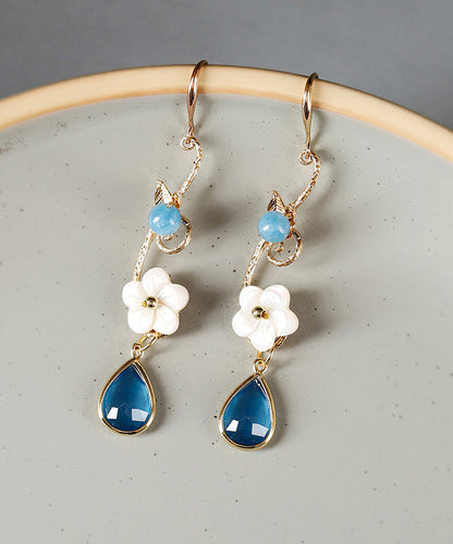 Blue Copper Crystal Coloured Glaze Pearl Shell Flowwer Water Drop Drop Earrings