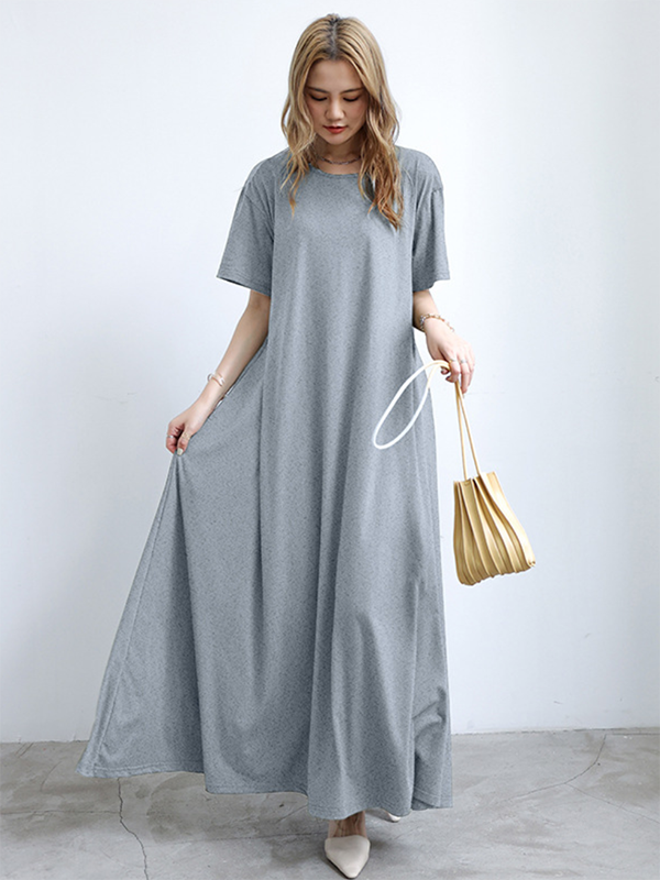 Simple Loose Short Sleeves Color Round-neck Maxi Dresses