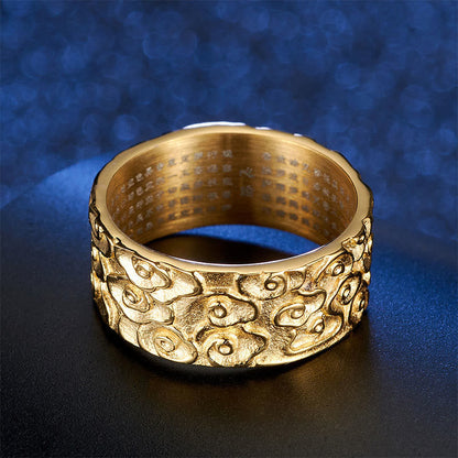 9mm Titanium Steel Spiritual Ring With Heart Sutra & Auspicious Clouds