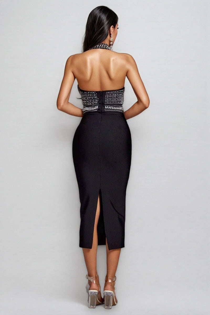 Maia Pearl Halter Bandage Midi Dress - Black