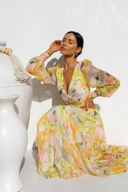 Painted Inspiration Balloon Sleeves Maxi Dress