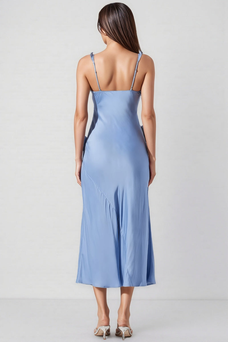 Anyat Blue Satin Ruffle Midi Dress