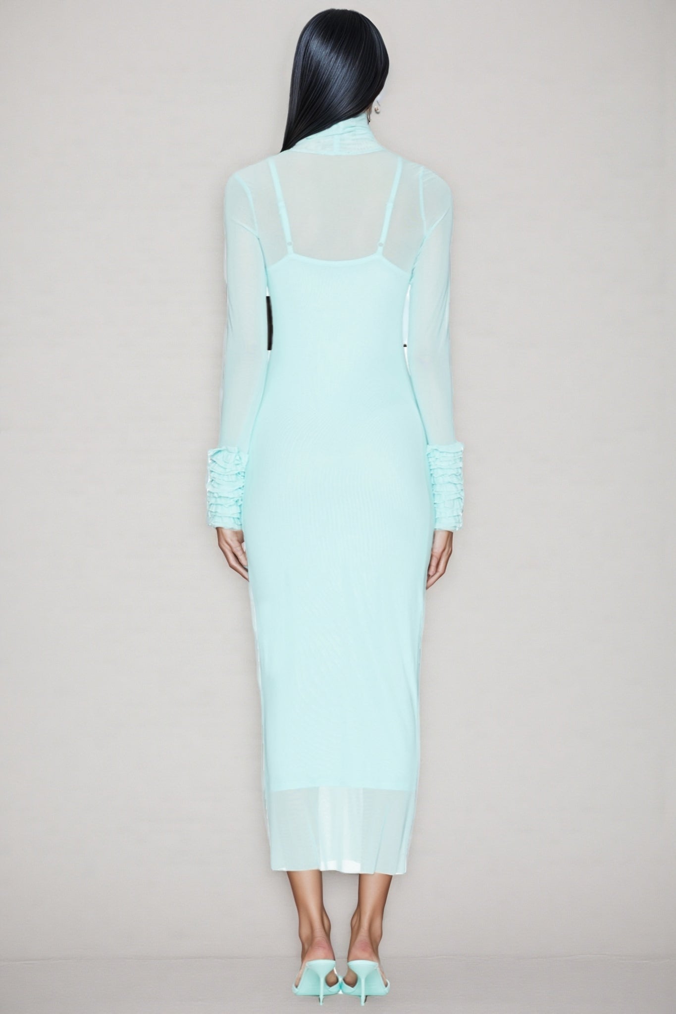 Abrife Blue Sheer Mesh Maxi Dress
