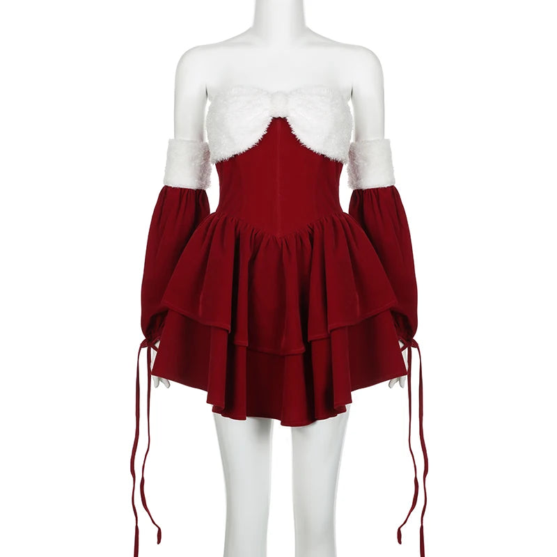 Contrast Patchwork Kawaii Mini Dress Red Black Party Evening Aesthetic Dresses Lolita Slim Aline Robe Christmas