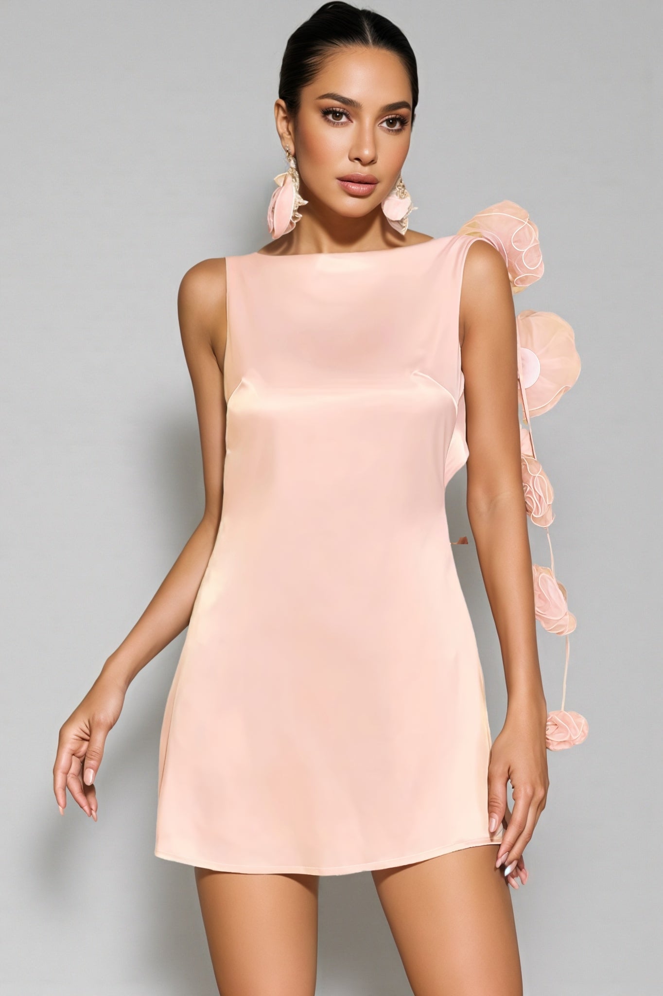 Eliette Pink Backless Flower Satin Mini Dress