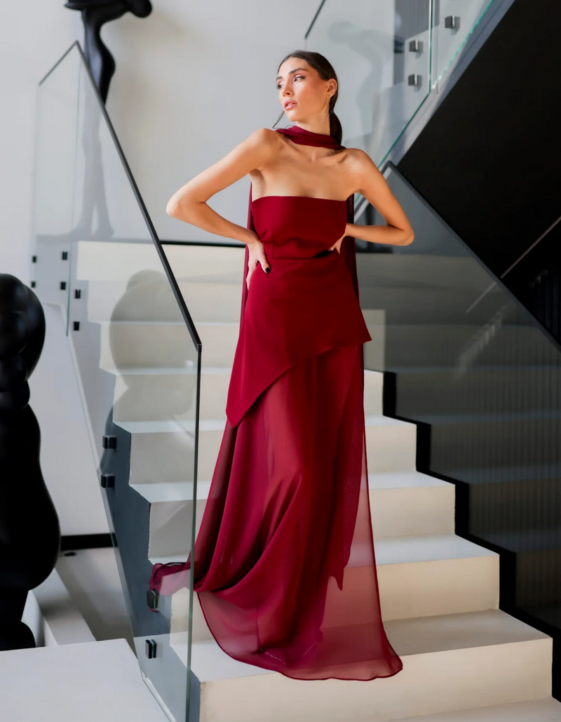 Albarine | Asymmetric Overlay Chiffon Maxi Dress