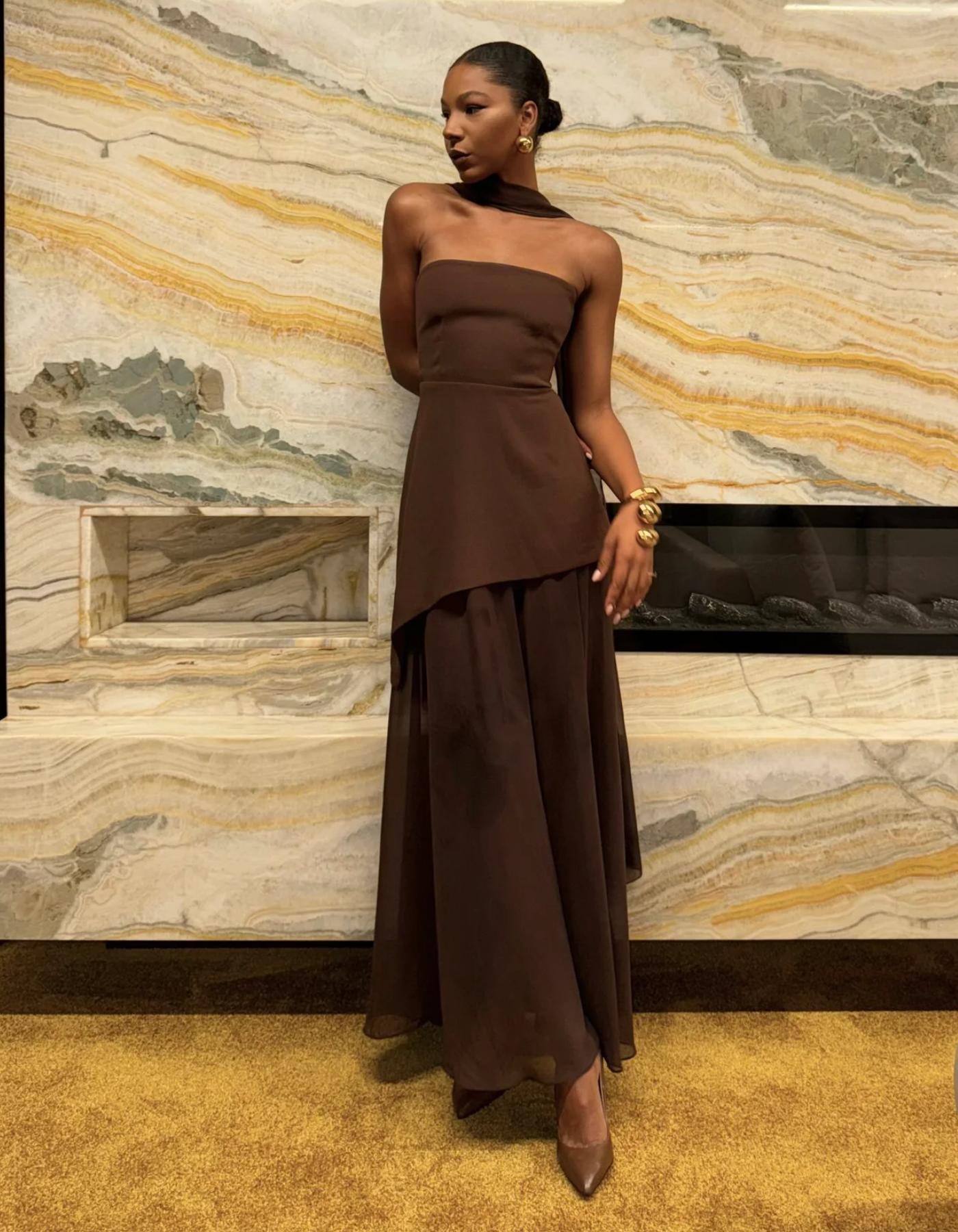 Albarine | Asymmetric Overlay Chiffon Maxi Dress