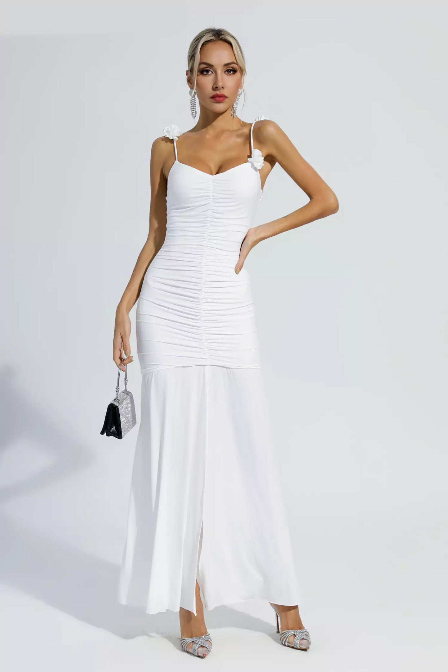 Alia White Ruched Slip Maxi Dress