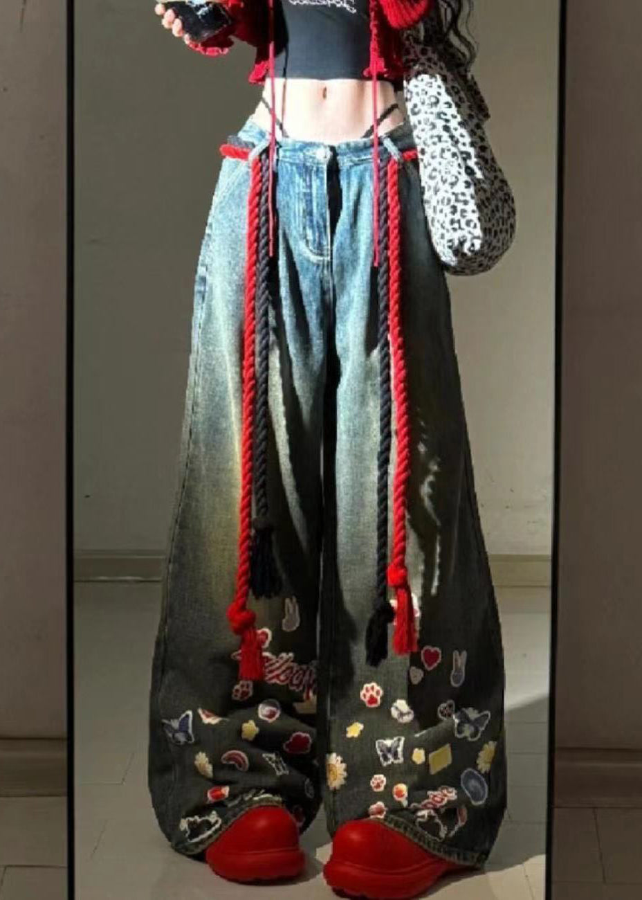 American Graffiti Blue Denim Wide Leg Pants Autumn Wp054