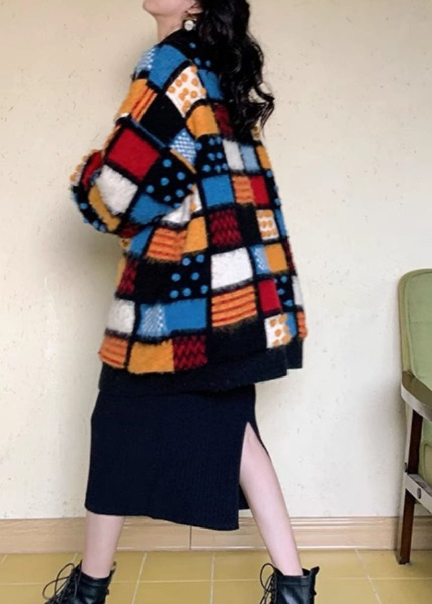 American Style V Neck Plaid Button Woolen Cardigan Fall We028