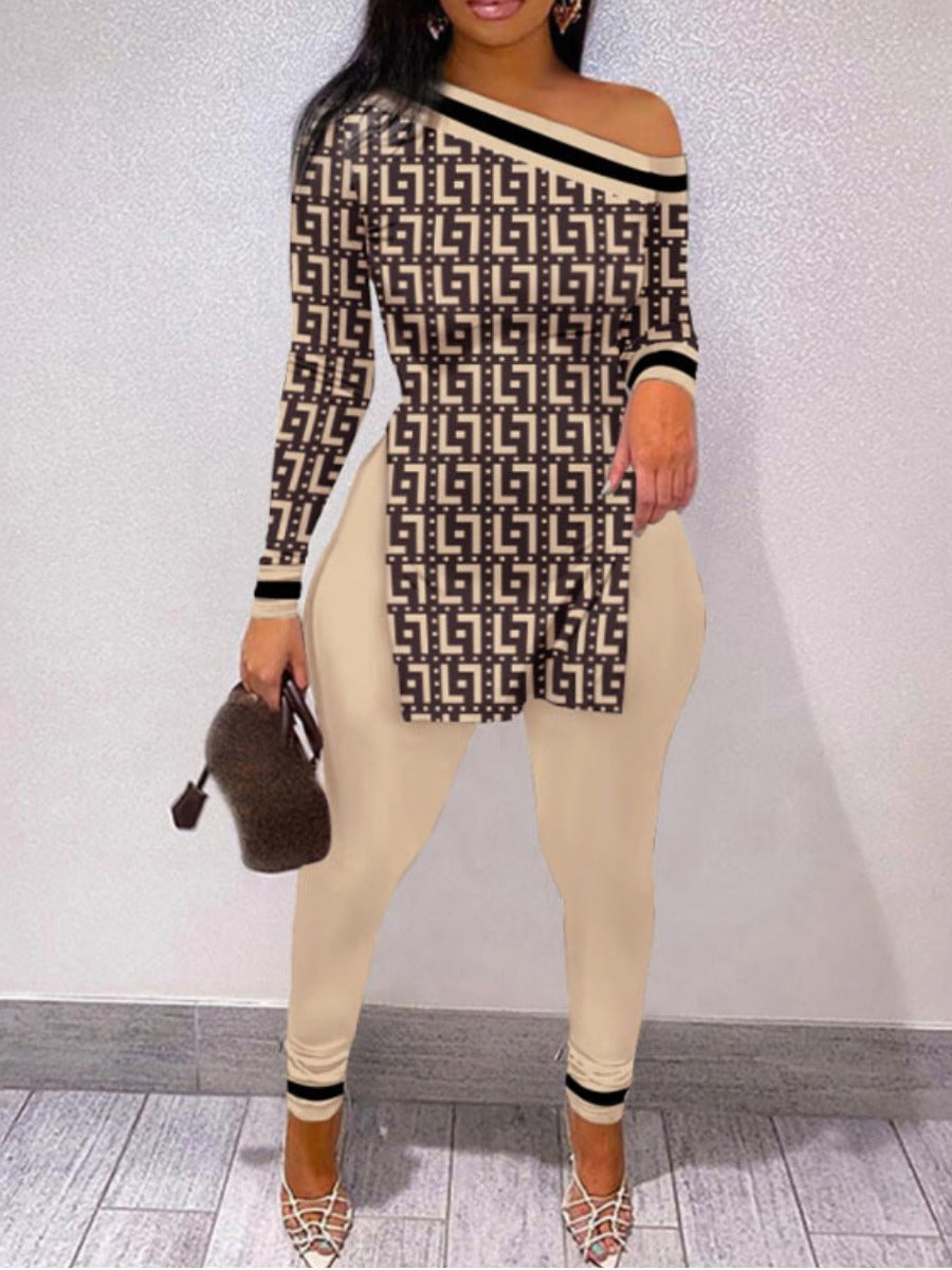 Geometric Print Striped Side Split Pants Set At8036