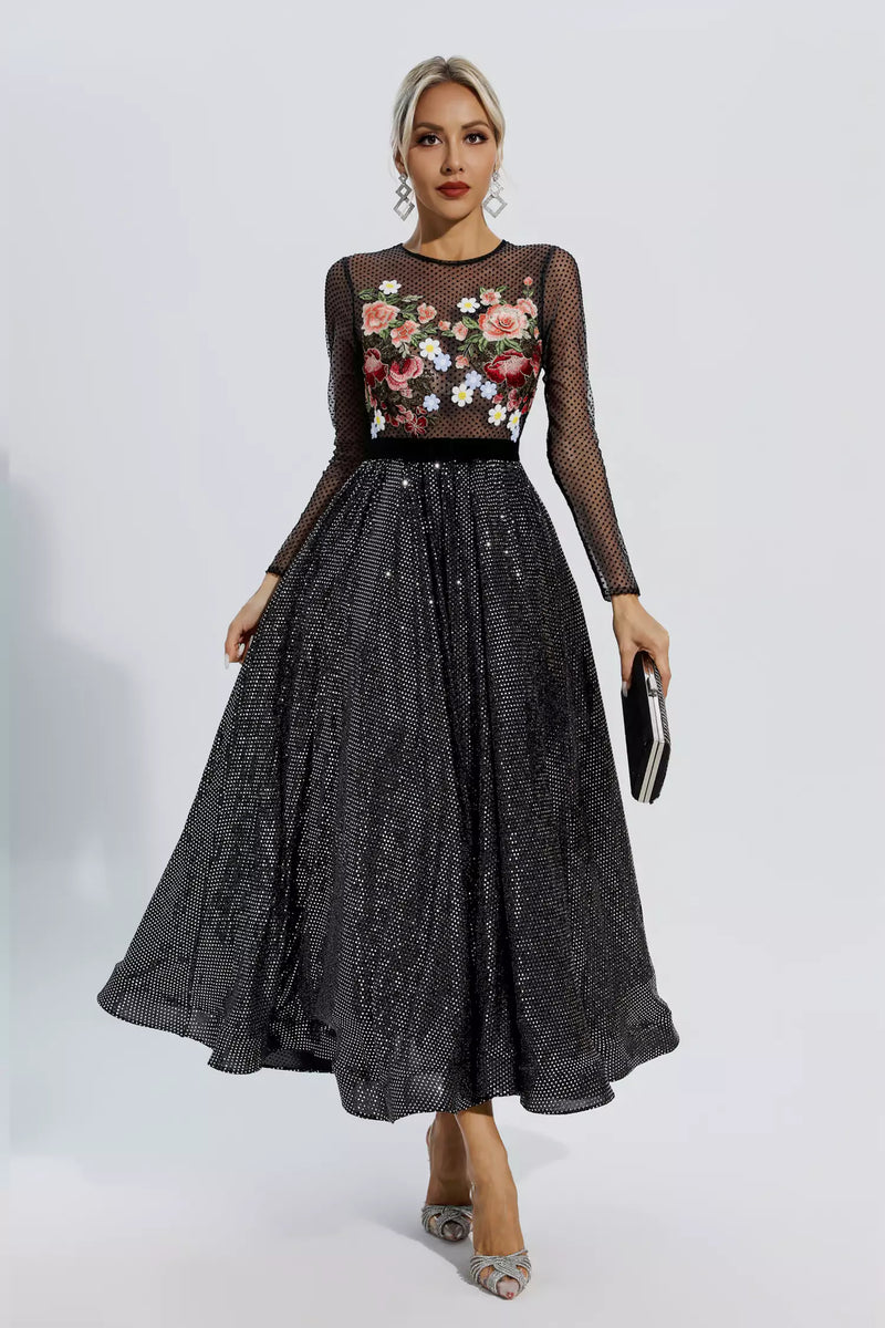 Antonella Black Embroidery Maxi Dress