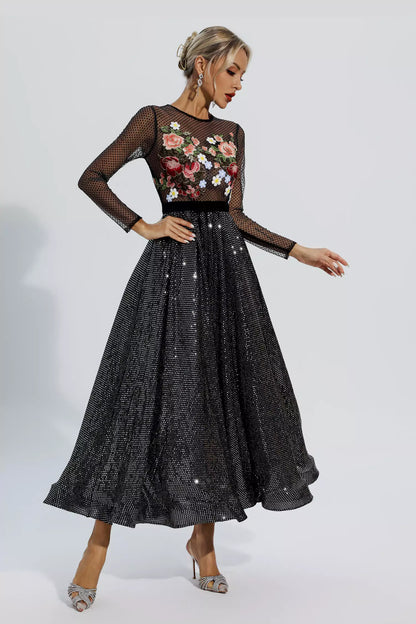 Antonella Black Embroidery Maxi Dress