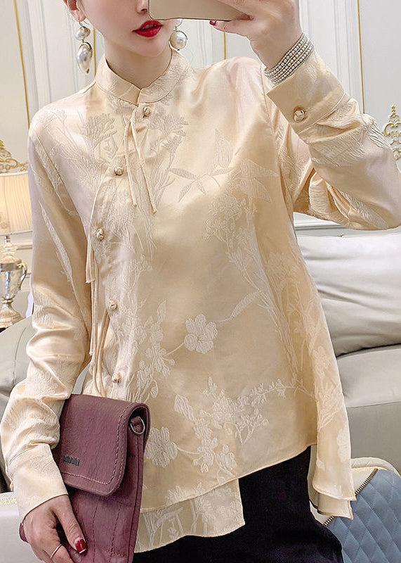 Apricot Button Silk Blouse Stand Collar Long Sleeve Qa1071