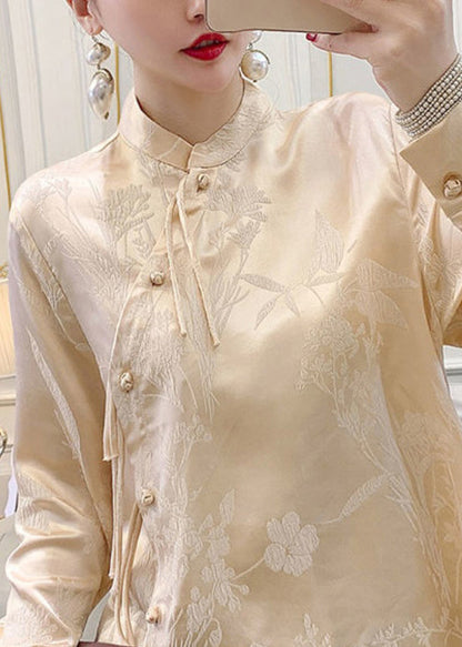 Apricot Button Silk Blouse Stand Collar Long Sleeve Qa1071