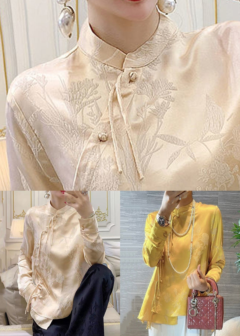 Apricot Button Silk Blouse Stand Collar Long Sleeve Qa1071