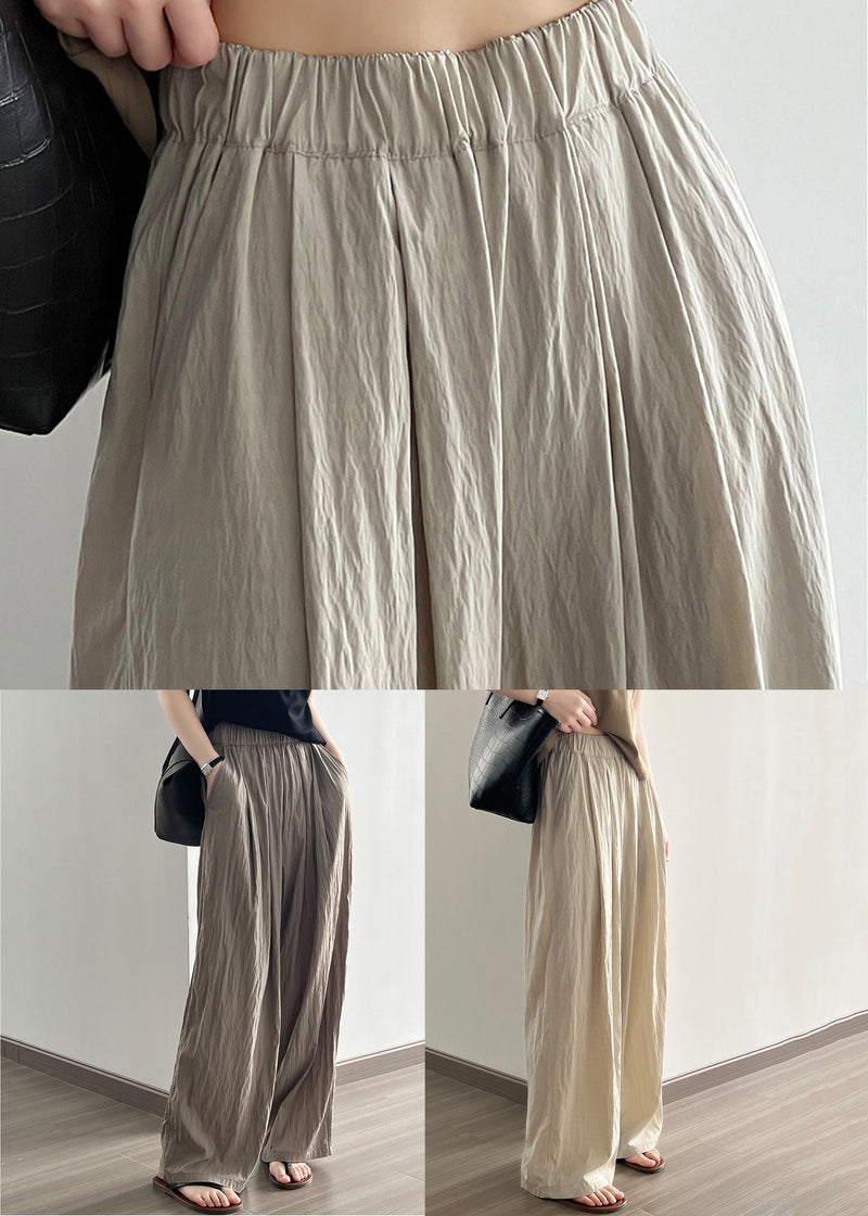 Apricot Pockets Cotton Wide Leg Pants Elastic Waist Qe005