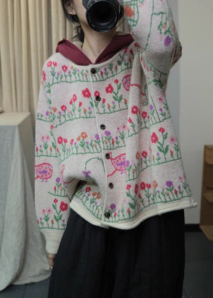 Apricot Print Knit Loose Cardigans O Neck Button Spring Ti004