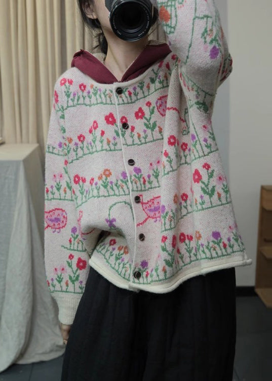 Apricot Print Knit Loose Cardigans O Neck Button Spring Ti004