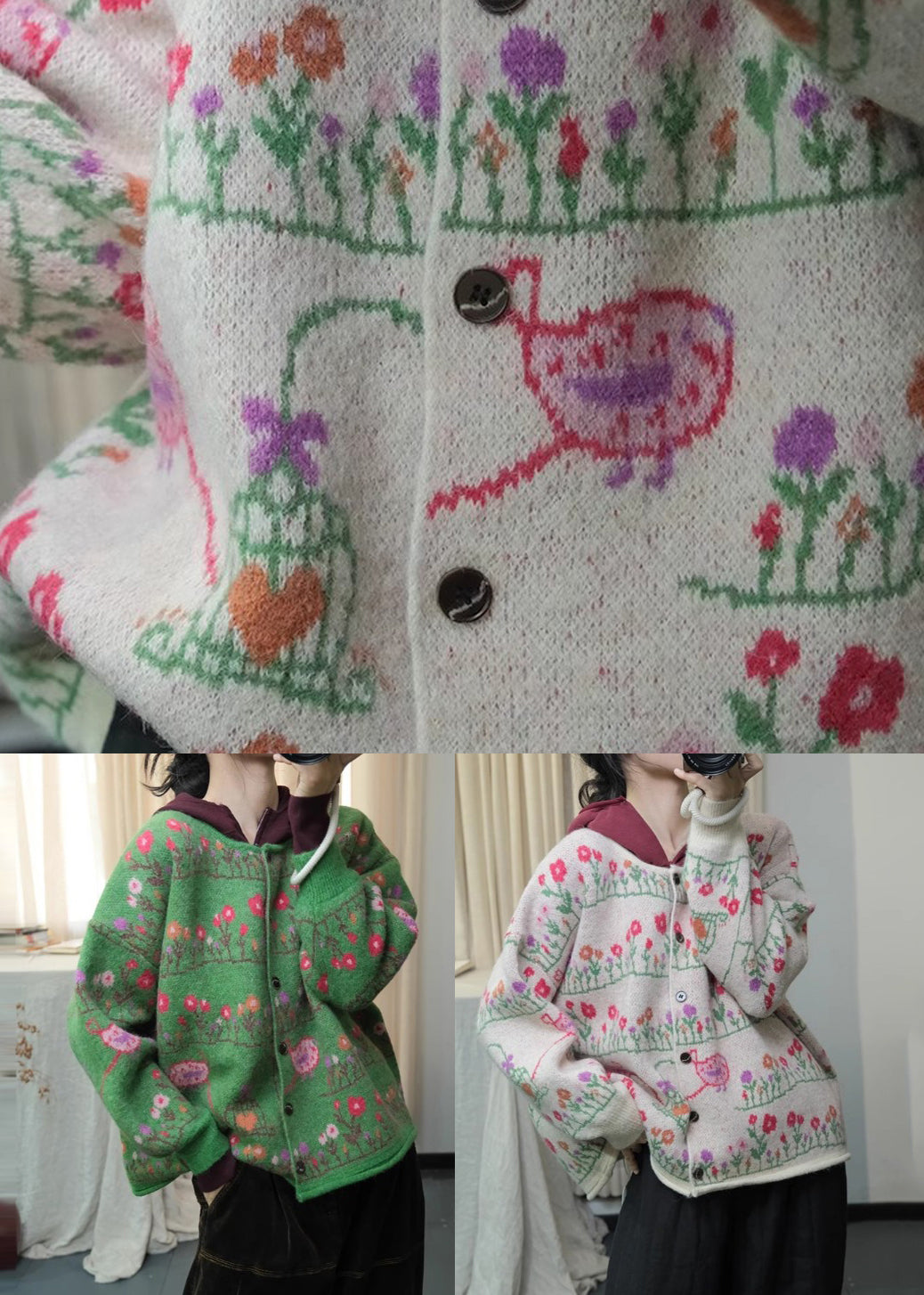 Apricot Print Knit Loose Cardigans O Neck Button Spring Ti004