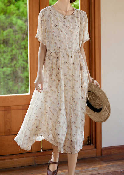 Apricot Tie Waist Silk Vacation Maxi Dresses Short Sleeve Ww053