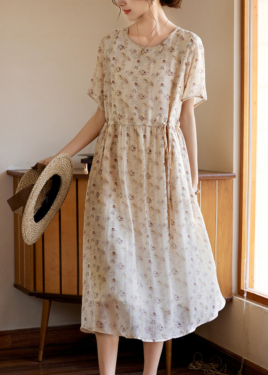 Apricot Tie Waist Silk Vacation Maxi Dresses Short Sleeve Ww053