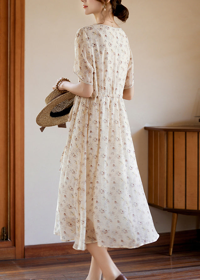 Apricot Tie Waist Silk Vacation Maxi Dresses Short Sleeve Ww053