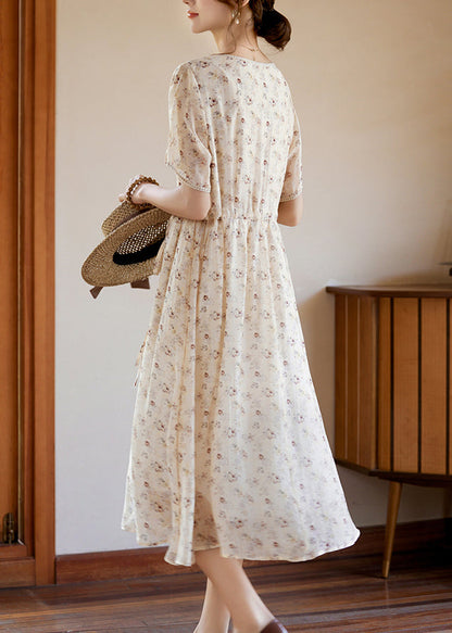 Apricot Tie Waist Silk Vacation Maxi Dresses Short Sleeve Ww053