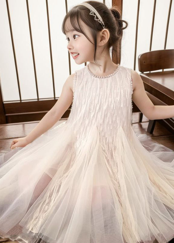 Art Apricot O-neck Patchwork Tulle Long Dress Sleeveless Xz030