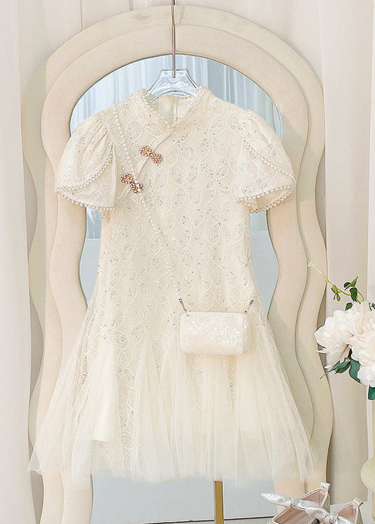 Art Beige Nail Bead Tulle Patchwork Kids Long Dress Short Sleeve Mn012