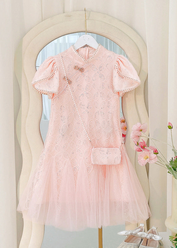 Art Beige Nail Bead Tulle Patchwork Kids Long Dress Short Sleeve Mn012
