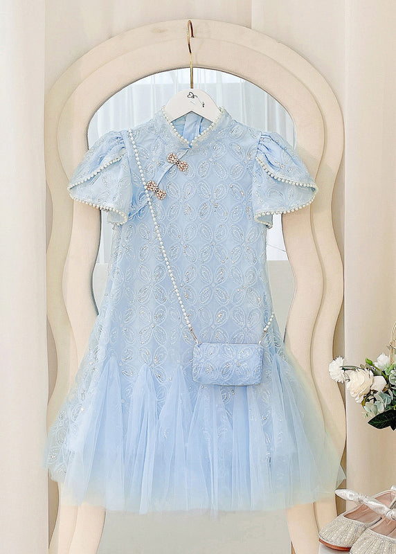 Art Beige Nail Bead Tulle Patchwork Kids Long Dress Short Sleeve Mn012