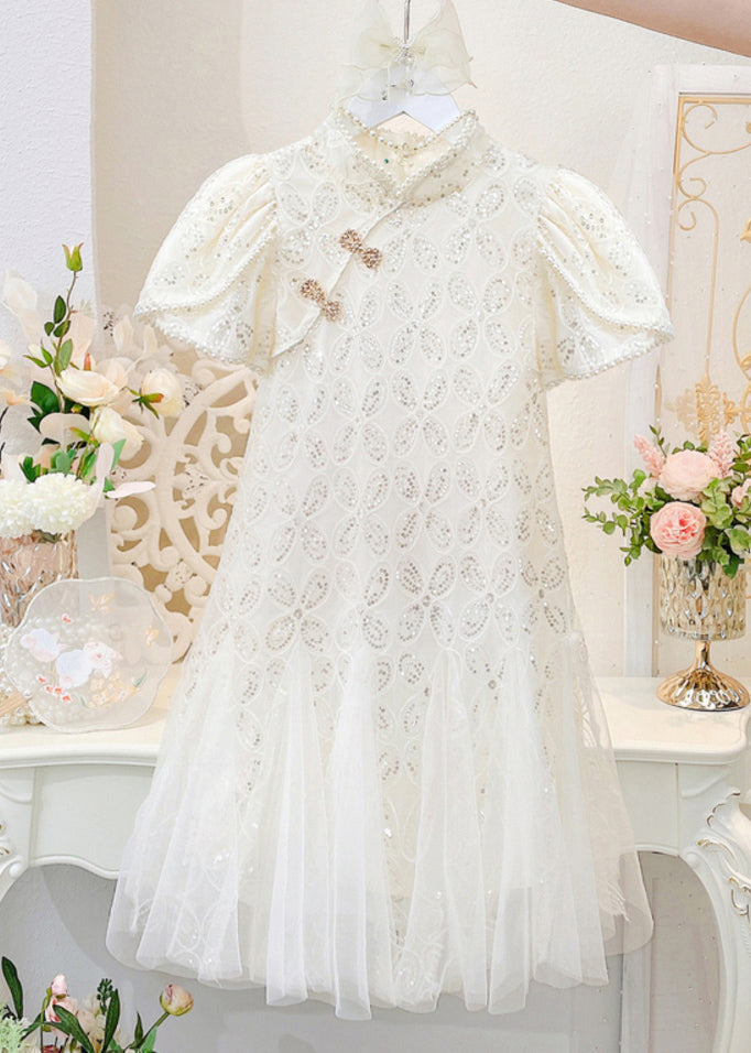 Art Beige Nail Bead Tulle Patchwork Kids Long Dress Short Sleeve Mn012