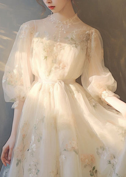 Art Beige Print Lace Up Tulle Maxi Dress Puff Sleeve Kj014