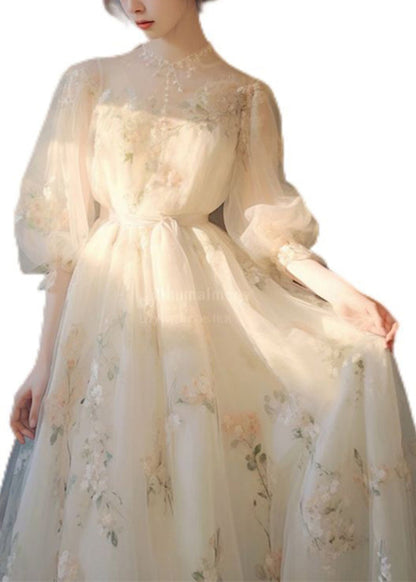Art Beige Print Lace Up Tulle Maxi Dress Puff Sleeve Kj014