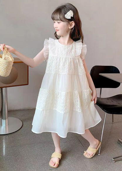 Art Beige Ruffled Hollow Out Cotton Long Dress Summer Ew050