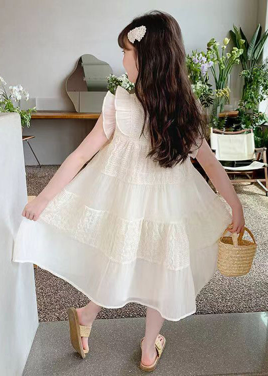 Art Beige Ruffled Hollow Out Cotton Long Dress Summer Ew050