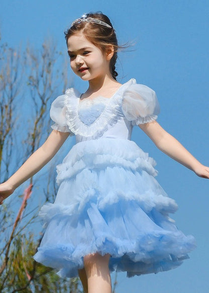 Art Blue O-neck Ruffled Tulle Kids Maxi Dresses Short Sleeve Ew026