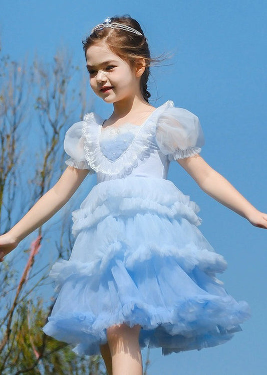 Art Blue O-neck Ruffled Tulle Kids Maxi Dresses Short Sleeve Ew026