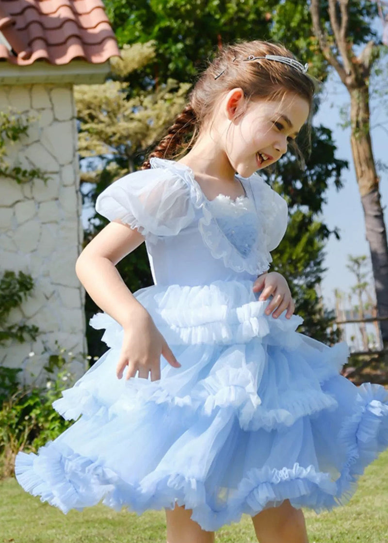 Art Blue O-neck Ruffled Tulle Kids Maxi Dresses Short Sleeve Ew026
