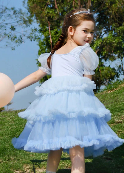 Art Blue O-neck Ruffled Tulle Kids Maxi Dresses Short Sleeve Ew026