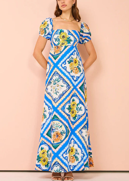 Art Blue Square Collar Print Linen Long Dresses Summer Ff082