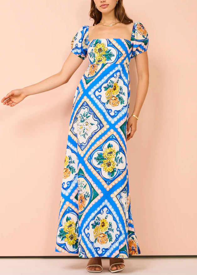 Art Blue Square Collar Print Linen Long Dresses Summer Ff082