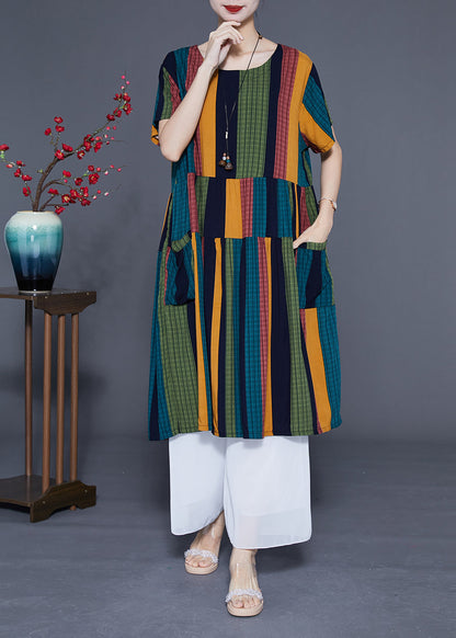 Art Colorblock Oversized Patchwork Striped Cotton Maxi Dresses Summer Lc0376