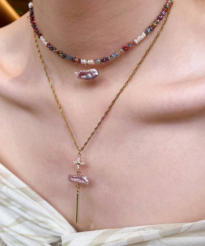 Art Colorful Pearl Stringing Beads Layering Alloy Pendant Necklace Two Piece Set