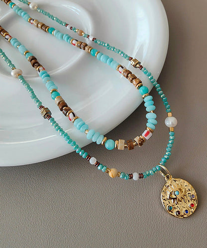 Art Double Layered Stacking Turquoise Pendant Necklace Two Piece Set