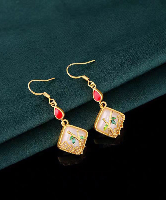 Art Gold Copper Overgild Inlaid Jade Gem Stone Bamboo Leaf Drop Earring Kx1090