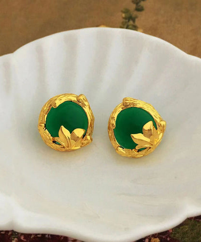 Art Green Copper Overgild 14k Gold Gem Stone Stud Earrings