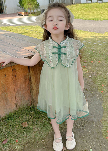 Art Green Embroideried Patchwork Button Tulle Vacation Maxi Dresses Summer Mn006